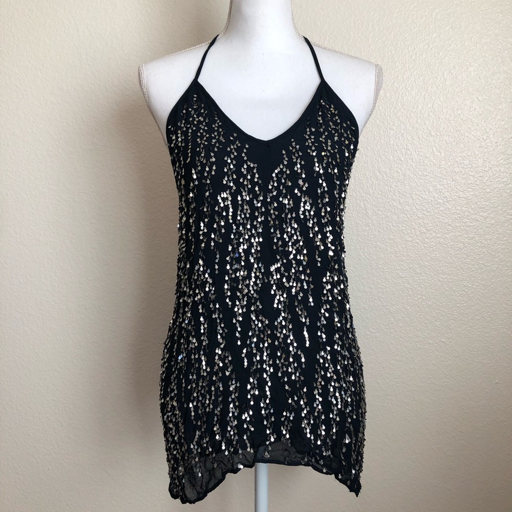Zara sequin top neck holder beaded silver plates dark navy chiffon halter shirt